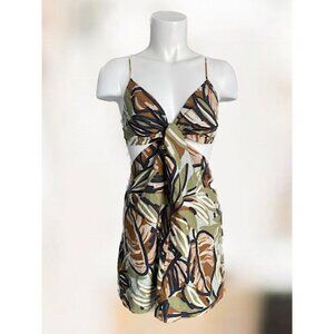 Zara Tropical Print Cut Out Mini Linen/Cotton Dress Spaghetti Straps XS
